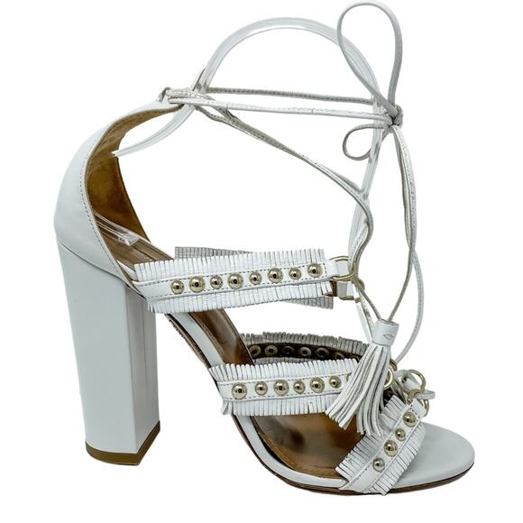 Aquazzura White Tulum Fringed Leather Studded Gladiator Sandal size 37.5 - Picture 8 of 12